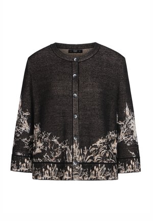 Black cardigan with a textured finish, featuring a floral pattern in cream. It has a round neck, long sleeves, and button closure.