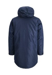 Cappotto lungo blu navy con cappuccio, realizzato in tessuto liscio e resistente all'acqua. Presenta una vestibilità dritta e polsini regolabili. Design semplice.