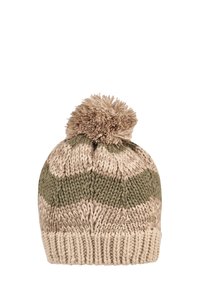 Knit beanie in beige and olive green with a textured striped pattern and a fluffy pom-pom on top. Ribbed edge for snug fit.
