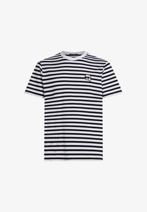 Juodai baltas dryžuotas trumpomis rankovėmis marškinėliai, pagaminti iš medvilnės. Turi apvalią iškirptę ir mažą grafiką ant krūtinės.