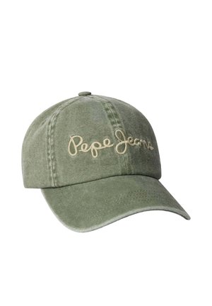 Cappello da baseball verde oliva con visiera curva e "Pepe Jeans" ricamato in beige corsivo sul pannello anteriore.