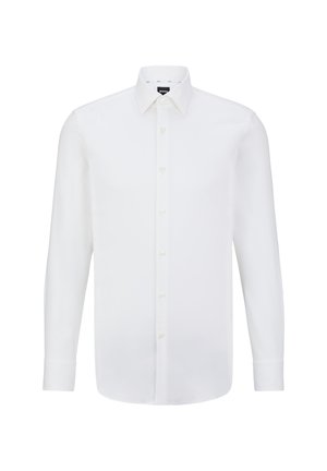 Fehér, hosszú ujjú ing sima szövetből, klasszikus gallérral és gombos elülső résszel, struktúrált fazonnal és enyhe fényességgel.