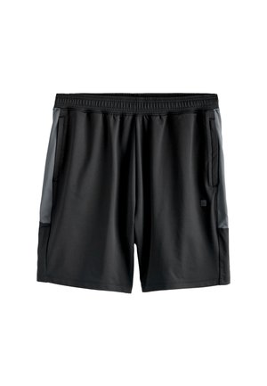 Shorts de sport noirs en tissu lisse et léger. Comprend des poches latérales et des panneaux gris contrastants le long des côtés. Taille élastique.