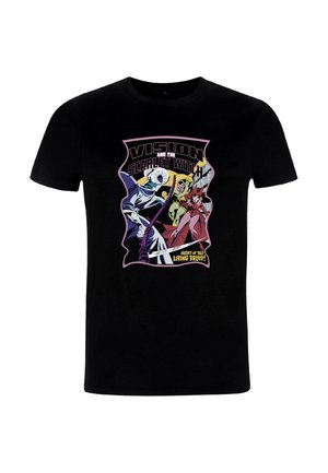 Sort T-shirt med tegneseriestil kunst af Vision og Scarlet Witch i actionpositurer, med titlen "Vision and the Scarlet Witch: Night of the Living Druid."