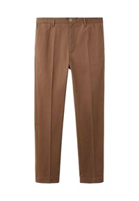 Pantaloni marroni in misto cotone, con design a gamba dritta, vita con bottone e due tasche laterali. Tessuto liscio e strutturato.