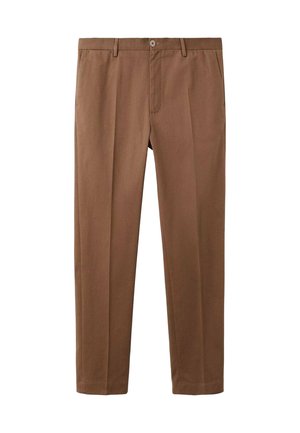 Pantalones marrones de mezcla de algodón, con un diseño de pierna recta, una cintura con botón y dos bolsillos laterales. Tejido suave y texturizado.