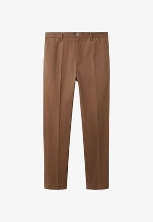 Brązowe spodnie z bawełny z domieszką, o prostym kroju nogawki, z guzikowym paskiem w talii i dwiema bocznymi kieszeniami. Gładka, teksturowana tkanina.