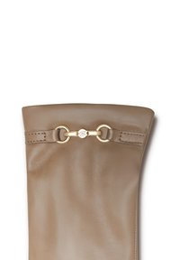Brown leather pouch with a smooth texture, features a gold hardware clasp and stitching detail on the edges.