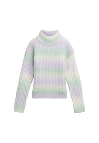 Sweter w pastelowe paski z wysokim golfem i luźnym krojem. Teksturowany splot w odcieniach lawendy, miętowej zieleni i białego. Długie rękawy.