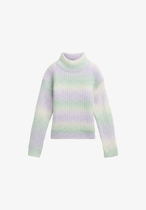 Pastellgestreifter Pullover mit hohem Rollkragen und lockerer Passform. Texturiertes Strickmuster in den Farbtönen Lavendel, Mintgrün und Off-White. Lange Ärmel.