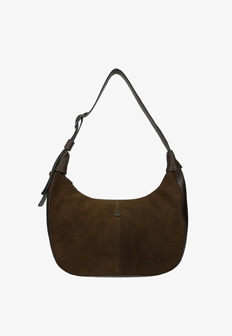 Bruine suède schoudertas met een gebogen vorm, leren accenten en een enkele verstelbare band. Heeft een subtiel logo en stiksel detail.