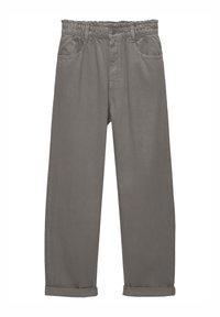 Gray cotton trousers with an elastic waistband, front pockets, and rolled cuffs. Features a relaxed fit and smooth texture.