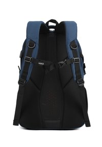 Sac à dos ergonomique bleu et noir avec dos en mesh rembourré, bretelles réglables et boucle de poitrine.