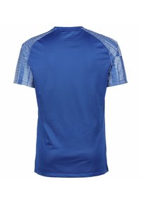 Blaues Sport-T-Shirt mit strukturiertem Oberteil, gestreiften Mustern an den Ärmeln und einem Rundhalsausschnitt. Leichter, atmungsaktiver Stoff.