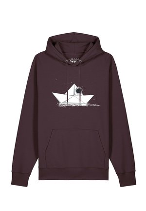 Dunkellila Kapuzenpullover mit Fronttasche, mit einem weißen Papierschiff und einem Astronauten, der auf Wasser mit Sternen im Hintergrund schwebt.