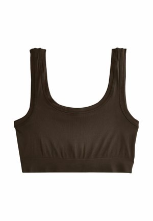 Brun, elastisk tygcrop topp med rundad halsringning och breda axelband; slät textur och figursydd design. Inga stängningar eller knäppningar.