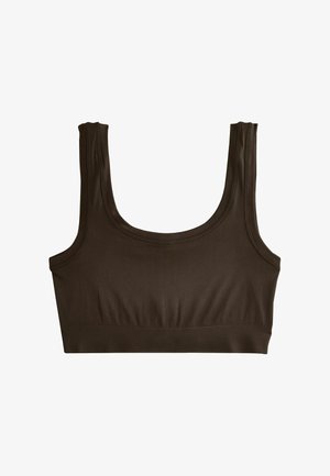 Brown, stretchy fabric crop top with a scoop neckline and wide shoulder straps; smooth texture and a fitted design. No fasteners or closures.