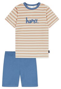 Camicetta corta a maniche corte beige e crema a righe con colletto blu e pantaloni blu. La camicia ha la parola "felice" in lettere blu.