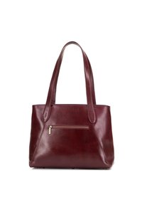 Bordeaux leren tote bag met twee schouderbanden, voorzien van een voorzak met rits en een gladde textuur, gestructureerd ontwerp en minimale accenten.