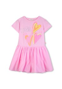 Ροζ βαμβακερό φόρεμα με κοντά μανίκια, εφαρμοστό πάνω μέρος και φουσκωτή φούστα. Διαθέτει γραφικό "KISS" με πολύχρωμες καρδιές μπροστά.