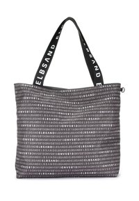 Tote bag made of durable fabric, featuring a repeating grey and white brand logo pattern, with black handles displaying white text.