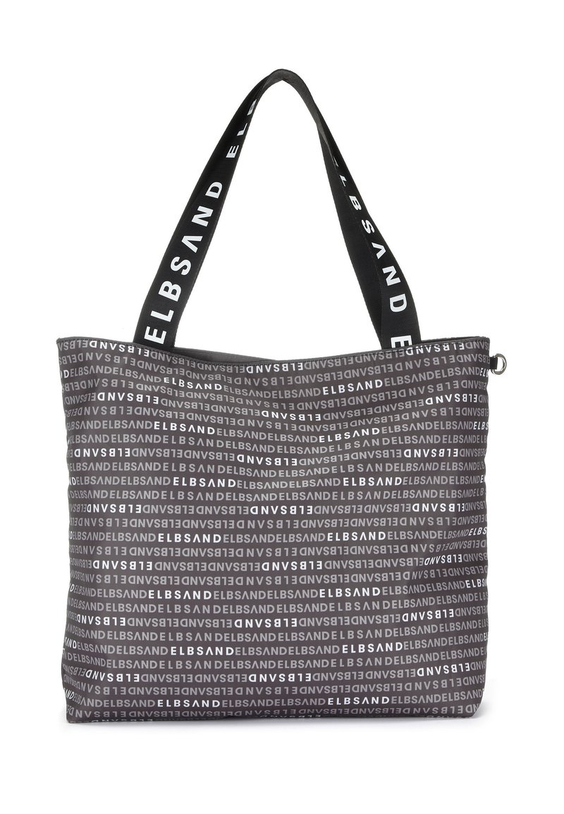 Tote bag made of durable fabric, featuring a repeating grey and white brand logo pattern, with black handles displaying white text.