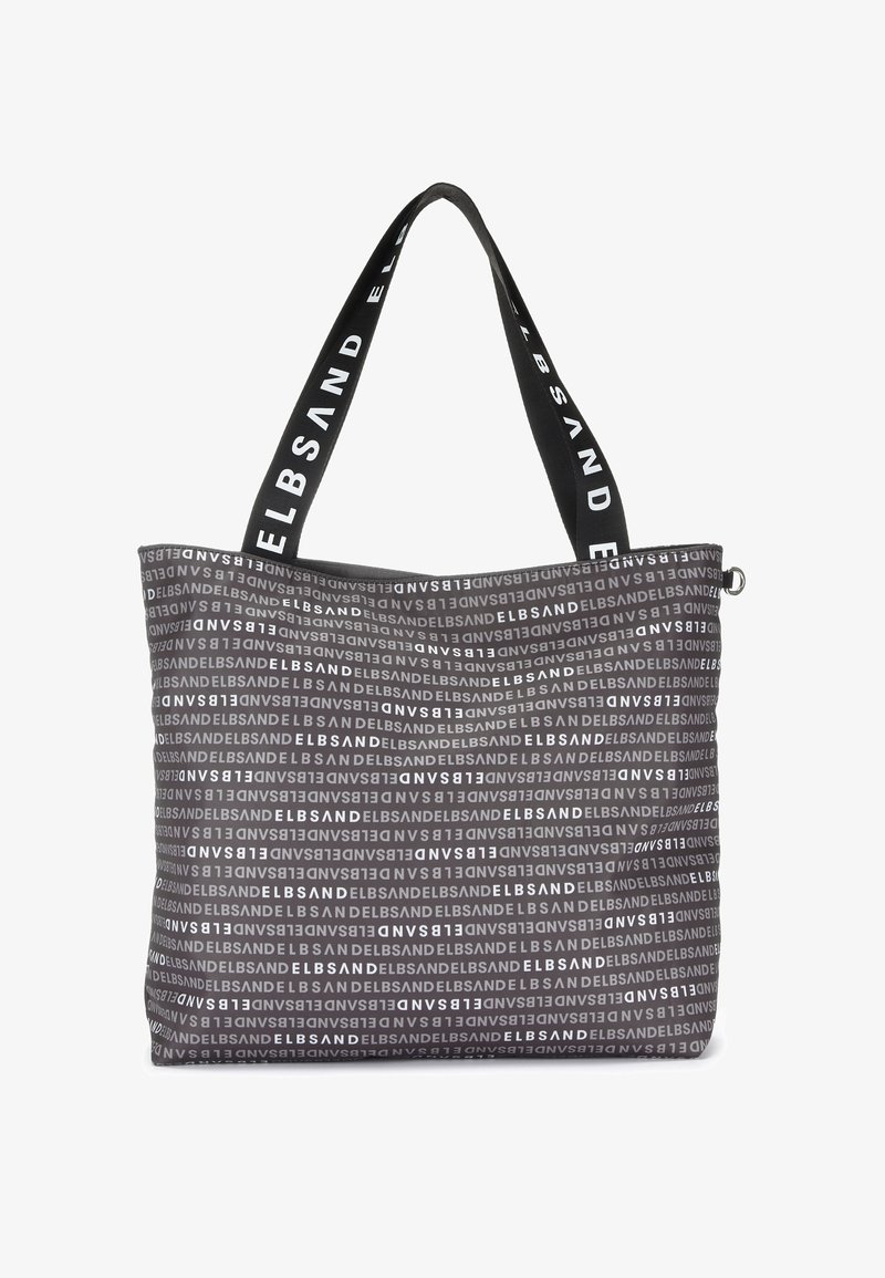 Tote bag made of durable fabric, featuring a repeating grey and white brand logo pattern, with black handles displaying white text.