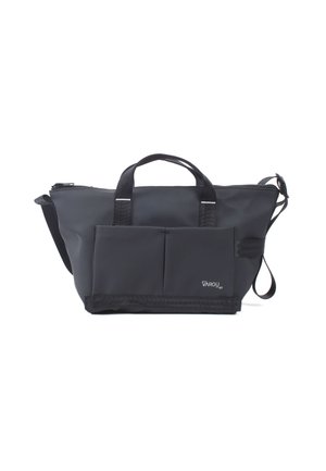 Borsa nera realizzata in materiale resistente, dotata di chiusura con zip, manici doppi e due tasche frontali; texture liscia con design minimalista.