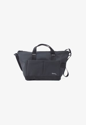 Schwarze Handtasche aus robustem Material, mit einem Reißverschluss, zwei Griffen und zwei vorderen Taschen; glatte Textur mit minimalistischem Design.