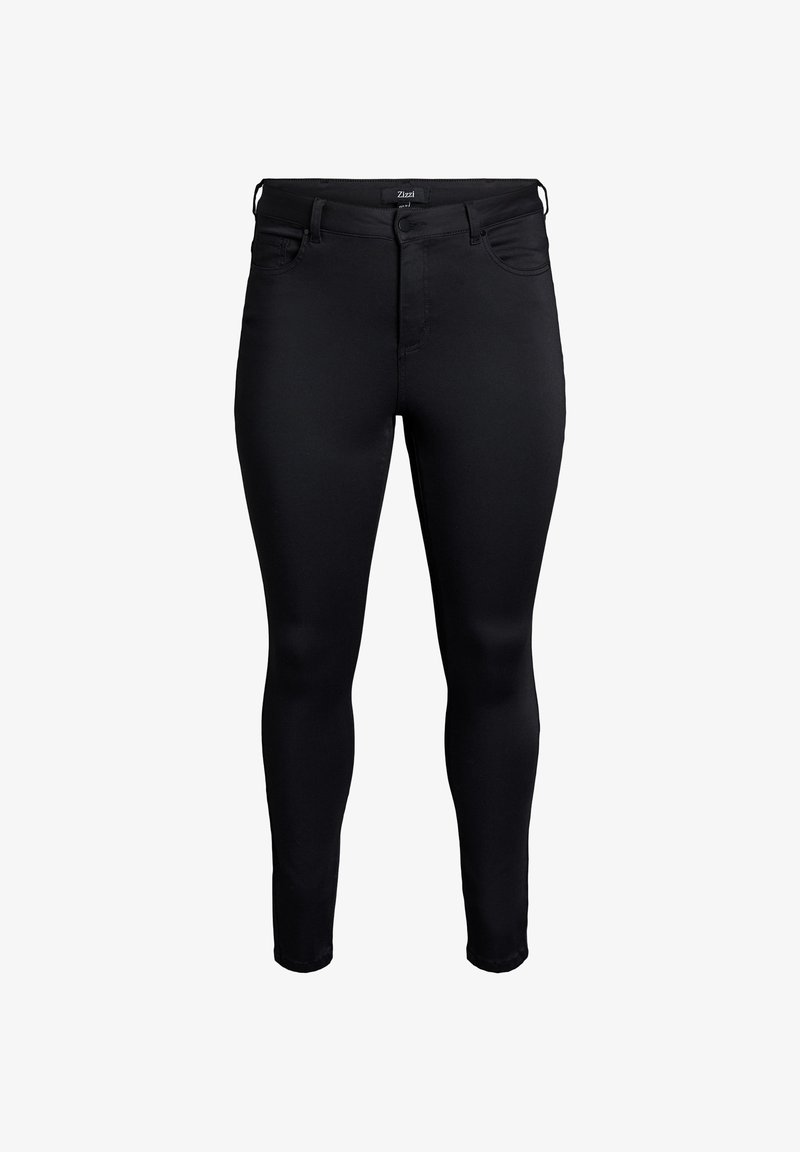 Pantalones skinny negros hechos de material elástico, con cremallera en la parte delantera, cinco bolsillos y un diseño ajustado para un look aerodinámico.