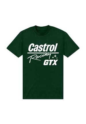 Mørkegrøn T-shirt med hvid tekst, der lyder "Castrol Racing GTX" og tre små stjerneikoner midt på forsiden.