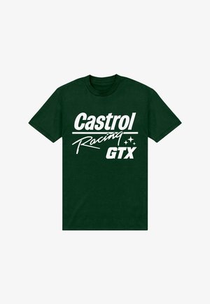 Ciemnozielony T-shirt z białym napisem "Castrol Racing GTX" oraz trzema małymi ikonami gwiazdek na środku przodu.