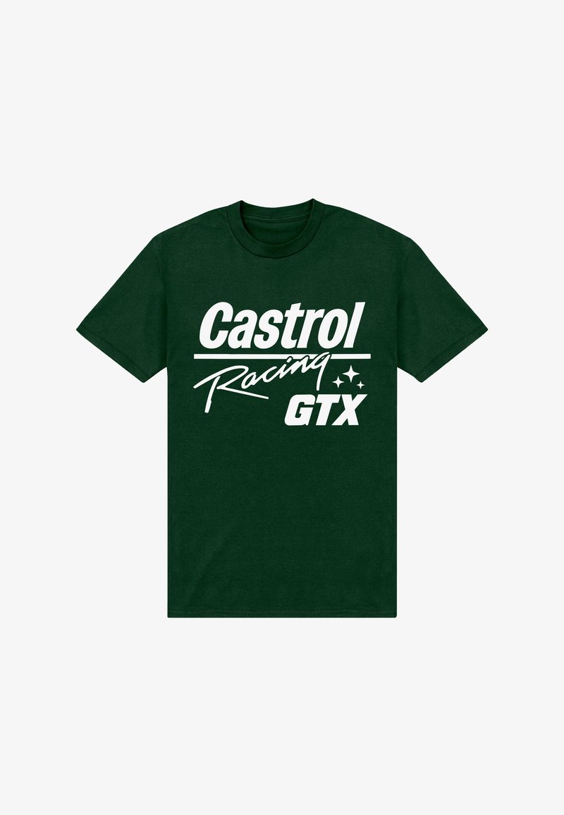 Ciemnozielony T-shirt z białym napisem "Castrol Racing GTX" oraz trzema małymi ikonami gwiazdek na środku przodu.