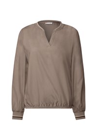 Haut marron à manches longues avec un décolleté en V, un ourlet élastique et des manches à poignets avec des accents rayés. Texture lisse et coupe décontractée.