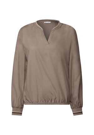 Haut marron à manches longues avec un décolleté en V, un ourlet élastique et des manches à poignets avec des accents rayés. Texture lisse et coupe décontractée.
