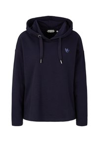 Granatowy hoodie z kieszenią kangurodą, sznurkiem w kapturze i małym logo serca w ciemnoniebieskim kolorze na piersi. Miękki, elastyczny materiał.