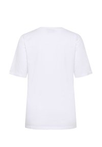 Hvid bomulds-T-shirt med rund hals og korte ærmer. Bagfra ses en ren, glat overflade uden design eller mønstre.