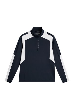 Marineblauer Langarmpullover mit weißen Akzenten, halbem Reißverschlusskragen und sportlichem Design. Hergestellt aus leichtem, atmungsaktivem Material.