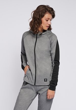 Sweat à capuche gris zippé avec un accent noir sur les manches, fabriqué à partir d'un tissu doux et texturé. Présente un col haut et des poches latérales.