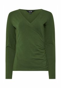 Langärmliges Wickeloberteil in Olivgrün. Hergestellt aus glattem Stoff mit einem V-Ausschnitt und gerafftem Seitendetail. Schlichtes Design mit minimaler Naht.