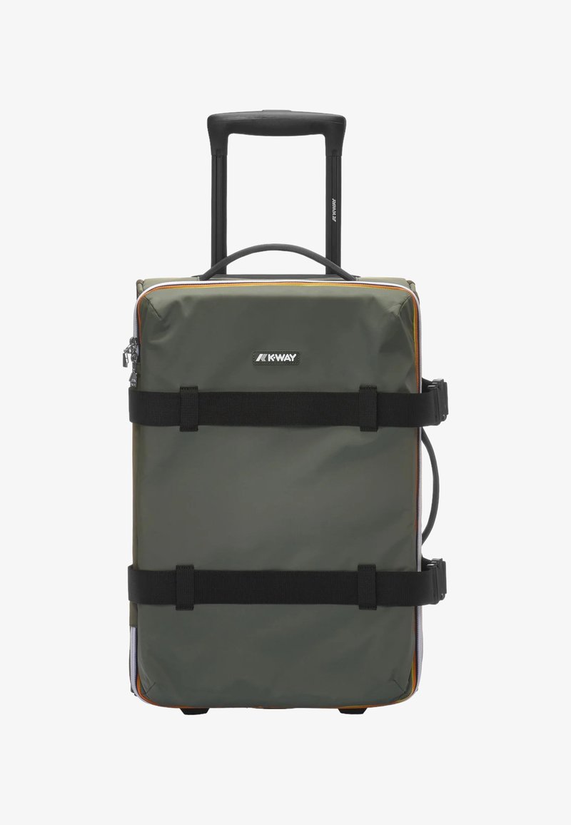 K-way rolarna prtljaga, olivno zelena, pravokutni dizajn, izdržljivi materijal, dvije crne trake, sklopiva ručka, narančasti detalj na zatvaraču.