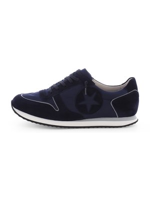 Navy blue sneaker with black star detail, black laces, white midsole, and black outsole, shown from the outer side.