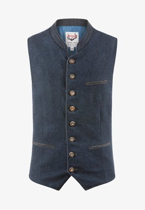 Navy blue wool vest with a rounded collar, eight button closures, and two front pockets with grey accents and contrasting lining.