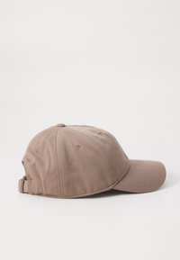 Casquette de baseball en coton marron avec un pic courbé, une sangle ajustable et six trous de ventilation sur le dessus. Texture douce avec un design simple.