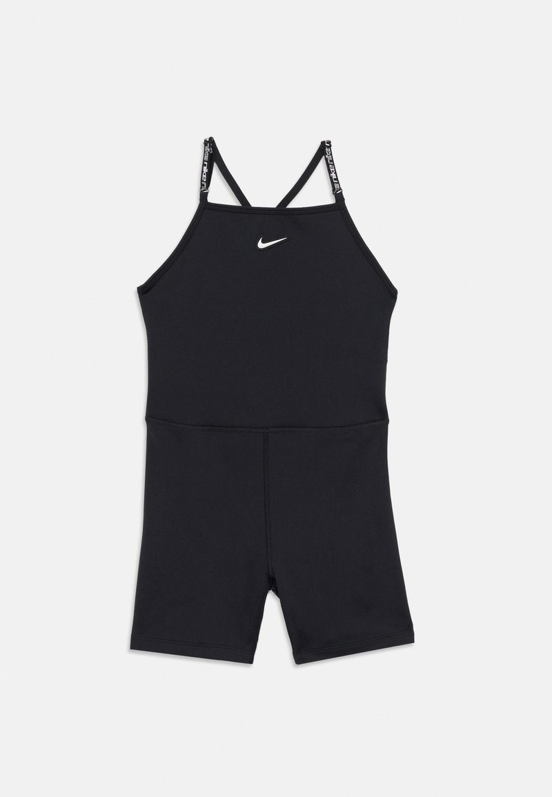 Μαύρη αμάνικη φόρμα αθλητικών της Nike με ρυθμιζόμενες τιράντες και λευκό λογότυπο Nike Swoosh στο στήθος, τοποθετημένη επίπεδα σε λευκό φόντο.