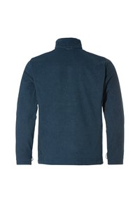 Dark blue fleece jacket with long sleeves, a standing collar, and a smooth texture. Features a straight hem and side openings for ventilation.