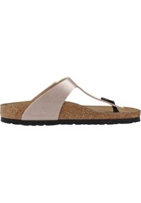 Korksandalen mit einem glatten, metallic-pinken Obermaterial, ausgestattet mit einem schwarzen Zehensteg und einem strukturierten Fußbett, ideal für die Freizeit.