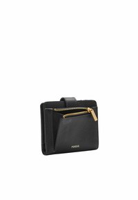 Black leather wallet with a textured finish, featuring a zippered pocket and logo detail. Compact design, suitable for cards and cash.