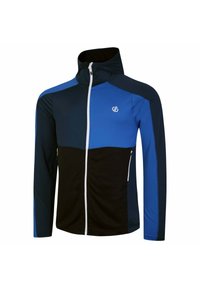 Herren Zip-Jacke in Blau und Schwarz. Verfügt über ein figurschmeichelndes Design, zwei seitliche Taschen und einen weißen Reißverschluss. Hergestellt aus strukturierter, feuchtigkeitsableitender Stoff.