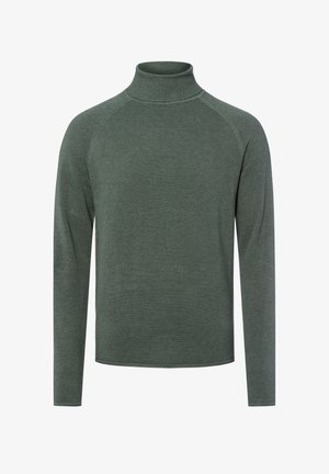 Grüner langärmeliger Rollkragenpullover mit strukturiertem Strickmuster und Raglanärmeln, ausgestattet mit hohem Kragen und geradem Saum.